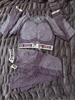 Gymshark Purple Heather Seamless Long Sleeve Crop Top & Leggings Set